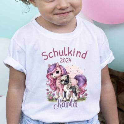 Schulkind T Shirt mit Namen personalisiert Pferd Mädchen Schulstart Geschenk Einschulung