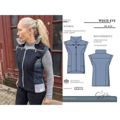 Schnittmuster Weste Eve – PDF-Schnittmuster in Gr. 32-54 |  doppelter Reißverschlusskragen inkl. Ebenen und Beamerdatei