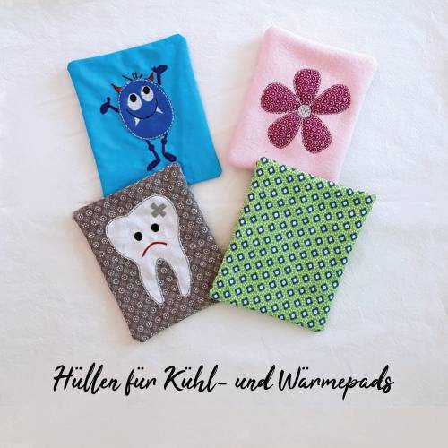Stickdatei Hülle Kühlkompresse 4er Set  13 cm x 18 cm, Kind, Baby, Zahn, Kälte, Wärme
