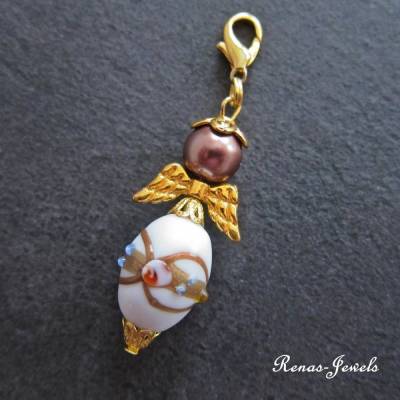 Schutzengelanhänger mit Lampwork Keramik Perle braun bunt weiß goldfarben – Schutzengel Anhänger als Talisman & Glücksbringer
