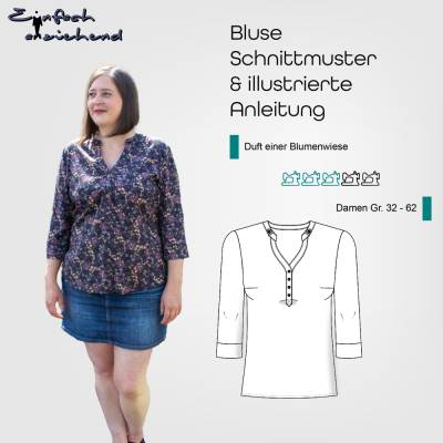 Schnittmuster Damen Bluse Größe 32 - 62 mit 3/4-Ärmel, halber Knopfleiste, Liegekragen