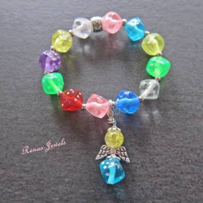 Kinder Schutzengel Armband mit bunten Würfel Perlen & silberfarbenem Engel Anhänger – Mädchen Schmuck