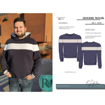 PDF-Schnittmuster Hoodie Malik (Gr. S-XXXL) – wandelbarer Herren-Hoodie mit Teilungen, Kapuzen- & Rundhalsoption.