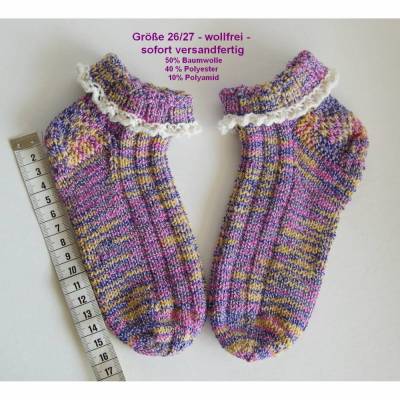 Kindersocken wollfrei, vegan, für Allergiker, handgestrickte Kindersneaker mit Spitzenrand, Sommersocken, Baumwollsocken