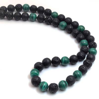 Halskette in grün schwarz, 53 cm, Malachit grün, Lava schwarz, Länge wählbar