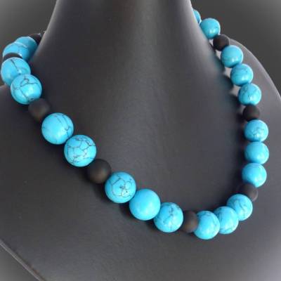 Edelsteinkette im MIX, türkis, schwarz, Halskette matt, Howlith, Lava,  Länge wählbar