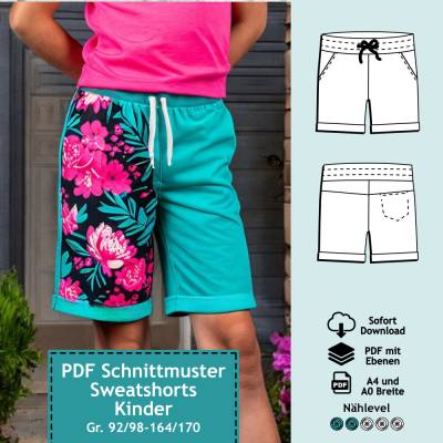 PDF Schnittmuster Kinder Sweatshorts, Schnitt kurze Hose, Shorts Schnittmuster m. Ebenen, Sommerhose, Sporthose, E-Book 