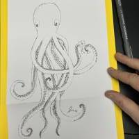 Printable: Oktopus Faltkarte im A4 Format zum Ausdrucken und bemalen. Detaillierte Tentakel mit Saugnäpfen Bild 3