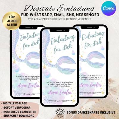 Digitale Einladungskarte, Einladung Kindergeburtstag Meerjungfrau personalisierbare E-Card WhatsApp, Einladung