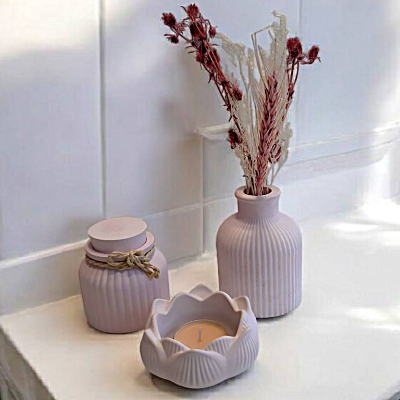Deko-Set aus Vase/Kerzenständer, Schmuckdöschen und Teelichhalter in Form einer Lotusblüte, handgefertigte Keramik-Deko