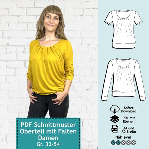 PDF Schnittmuster mit Ebenen Oberteil Inga (Longsleeve & T-Shirt) mit Falten, Gr. 32-54 | e-Book Damen Top Schnitt, Näha