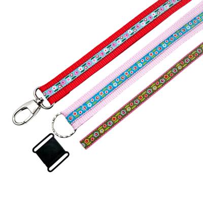 langes Schlüsselband Blumen in 3 Längen, mit Ring o. Karabiner, div. Gurtbandfarben + Namen + Clip