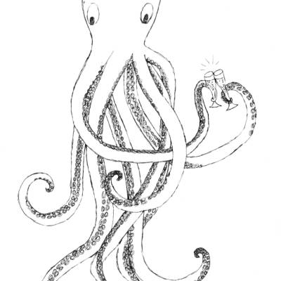 Printable: Oktopus Faltkarte im A4 Format zum Ausdrucken und bemalen. Stoßen mit Sekt an