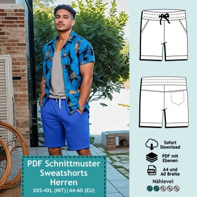 PDF Schnittmuster mit Ebenen Sweatshorts Adam, Gr. XXS-4XL | eBook, Herren Schnitt für kurze Hose, Shorts, Sporthose, Nä