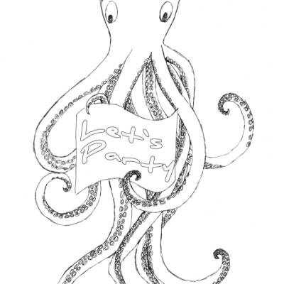 Printable: Oktopus Faltkarte im A4 Format zum Ausdrucken und bemalen. Mit Poster ,Let‘s Party‘
