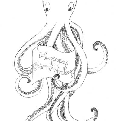 Printable: Oktopus Faltkarte im A4 Format zum selber Ausdrucken und Anmalen. Mit Happy Brithday Beschriftung