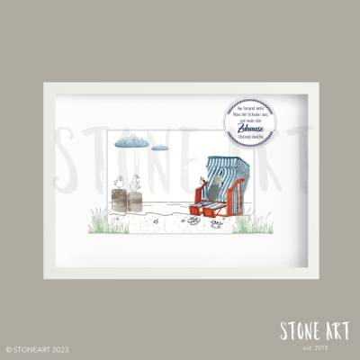 Maritimes Steinbild „Am Strand zieht man die Schuhe aus wie man das Zuhause ebenso macht“ – Personalisierbares Unikat mit Natursteinen