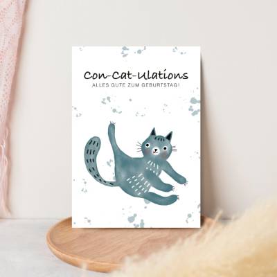 Postkarte für Katzenfreunde „Con-CAT-ulations“ – mit handillustrierter Aquarellkatze