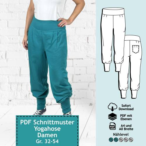 PDF Schnittmuster mit Ebenen, Damen Yogahose Lea, Gr. 32-54 | e-Book Schnitt Sporthose, Jersey Hose mit farbiger Nähanle