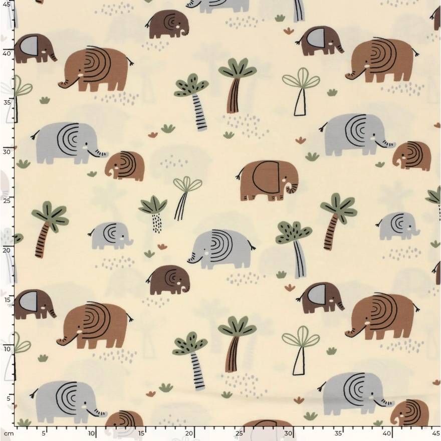 Jersey Stoff beige Elefanten Baumwolle Jersey 50cm x 150cm Öko Tex 100