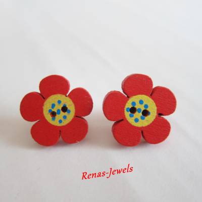 Holzohrstecker Blume rot gelb – handgemachte Holz Ohrstecker, silberfarben, 20 mm, Blütendesign