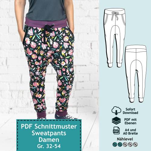 PDF Schnittmuster mit Ebenen Jogginghose mit tiefem Schritt Linn / Sweatpants, Gr. 32-54 | eBook Damen Schnitt mit Nähan