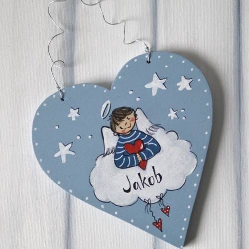 Personalisiertes Schutzengelherz aus Holz – Geschenk zur Geburt, Taufe & Schulanfang für Jungen