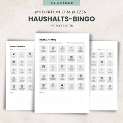 Haushalts-Bingo Set (5 Seiten PDF) – Putz-Challenge für die Familie | Motivation für Kinder & Erwachsene | ADHS-freundli