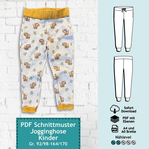 PDF Schnittmuster mit Ebenen Kinder Jogginghose Anni, Gr. 92/98-164/170 | E-Book Schnitt Hose für Kinder, farbige Nähanl
