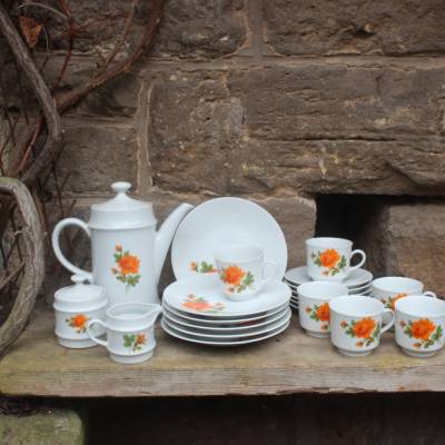 21 tlg. Kaffeeservice orange Rosen Mitterteich Bavaria Porzellan 70er Jahre