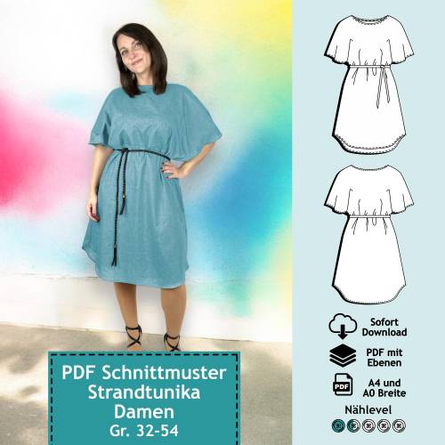 PDF Schnittmuster mit Ebenen Tunika Heidi, Gr. 32-54 | eBook, Damen Schnitt mit farbiger Nähanleitung, Strandkleid, Stra
