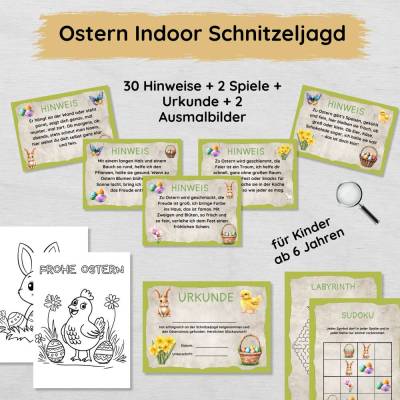 Ostern Indoor Schnitzeljagd Set für Kinder mit 30 Hinweisen, Urkunde, Spielen & Ausmalbildern zum Ausdrucken