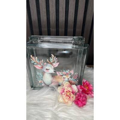 Schöne Spardose mit Rehe Motiv Glasbaustein Glasbaustein-Spardose