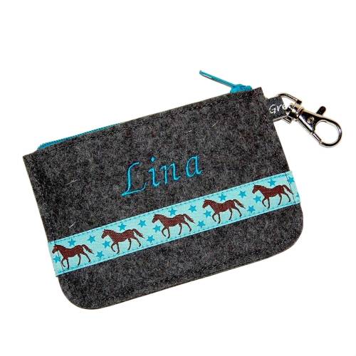 Filz Minigeldbörse Pferde türkis mit oder ohne Namen bestickbar und mit Filzfarbauswahl