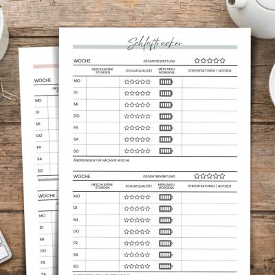 Schlaftracker Bundle | 3 Farben | A4 PDF zum Ausdrucken | Schlafqualität, Stunden & Akku bewerten | Wochenübersicht