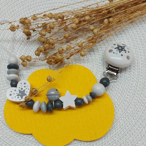 Schnullerkette Stern in weiss/grau