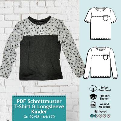 PDF Schnittmuster Kinder T-Shirt, Longsleeve Nicky, Gr. 92/98-164/170 | e-Book Schnitt Oberteil, Kinder Shirt, Nähanleit