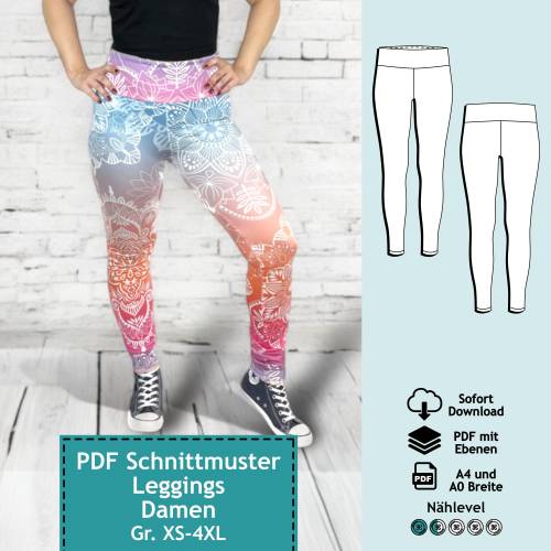 PDF Schnittmuster mit Ebenen Leggings Nele, Gr. XS bis 4XL | e-Book für Damen Sporthose, Schnitt mit farbiger Nähanleitu
