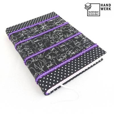 Notizbuch, A5, Katze, schwarz, lila rosa, 300 Seiten, handgefertigt, Hardcover, Punkte