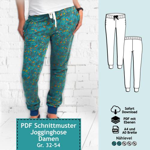 PDF Schnittmuster mit Ebenen - Damen Jogginghose Anita, Gr. 32-54 | e-Book Schnitt Sporthose, Sweatpants mit farbiger Nä