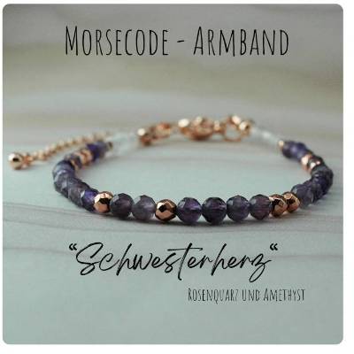 Morsecode Armband, Schwesterherz, Edelsteinarmband mit natürlichen Rosenquarz und Amethyst
