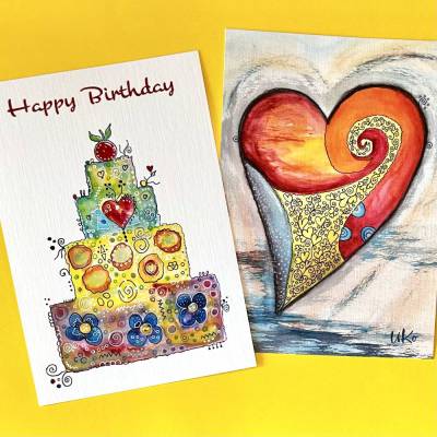 Glückwunschkarte Geburtstag Geburtstagskarte Torte + Herz,  Postkarte im DIN A6 Kunst im Kuvert