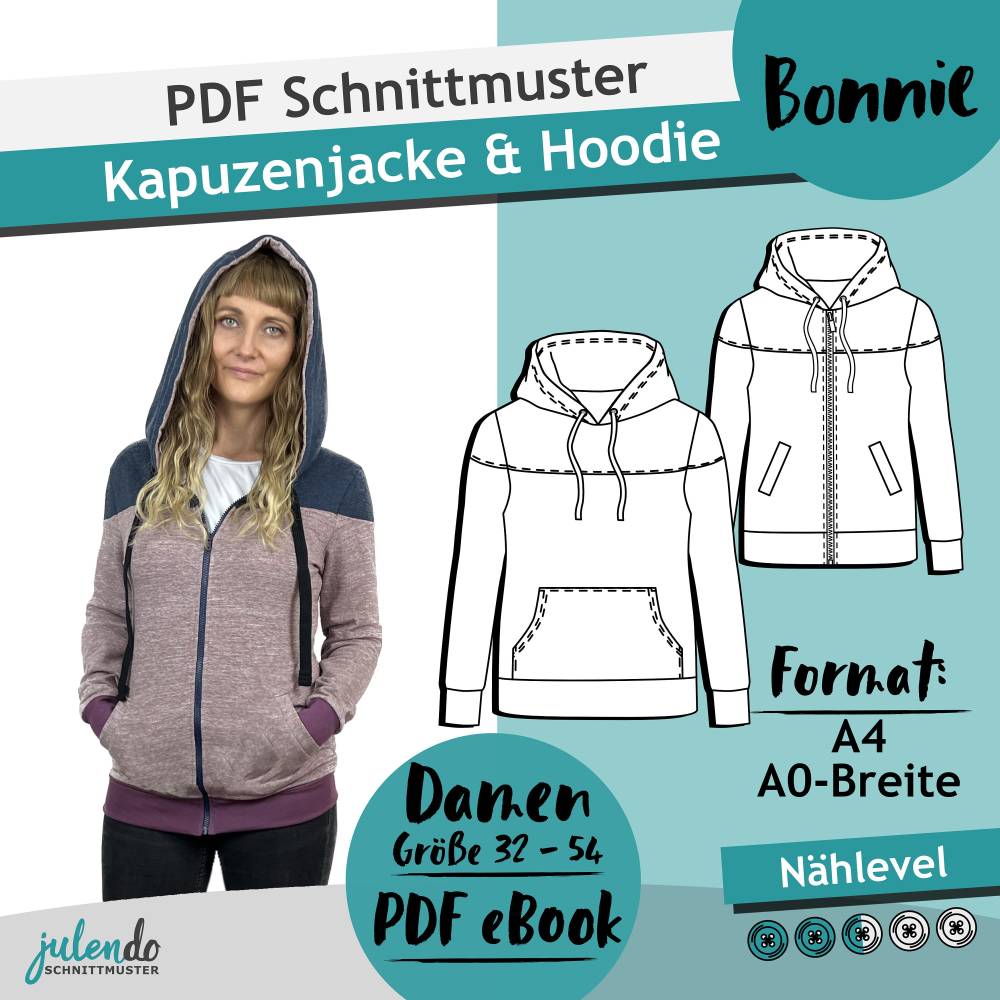 PDF Schnittmuster Damen Zipperjacke/Hoodie Bonnie, 32 bis 54