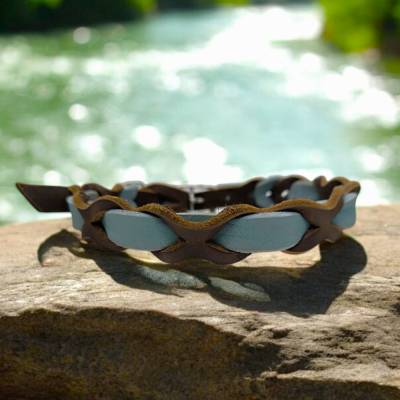 Halsband für Hunde aus Fettleder zweifarbig geflochten in braun- hellblau in der Größe ca. 42 - 49 cm