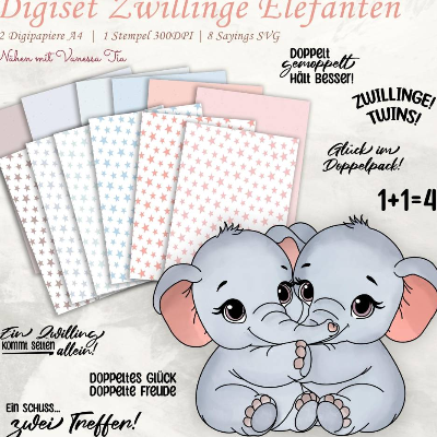 Zwillingsset Elefanten  Printfile Digipaper PNG JPG