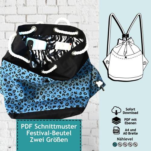 PDF Schnittmuster Festival-Beutel Jumi – zwei Größen | e-Book Schnitt Tasche, Rucksack, anfänger geeignet, farbige Nähan