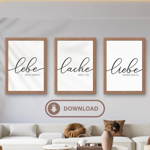 Minimalistisches Poster Set „Lebe Lache Liebe“ – Digitaler Download | Schwarz-Weiß Wandkunst