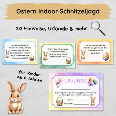 Ostern Indoor Schnitzeljagd mit 20 Hinweisen & Urkunde, Schatzsuche Set für Kinder ab 6 Jahren