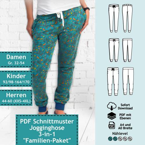 3er Set PDF Schnittmuster mit Ebenen - Jogginghose Damen, Herren, Kinder - Familien-Partnerlook, Sweathose Schnitt Sweat