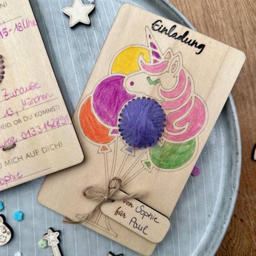 Einhorn Einladung Kindergeburtstag | DIY Bastelprojekt &  DIY Bastelset Mädchen | Bastelspaß Holzkarte 